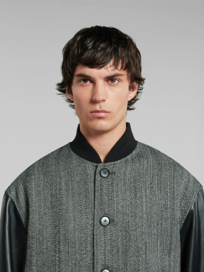 Men Marni Coats and Jackets Black Herringbone Wool Jacket With Leather Sleeves