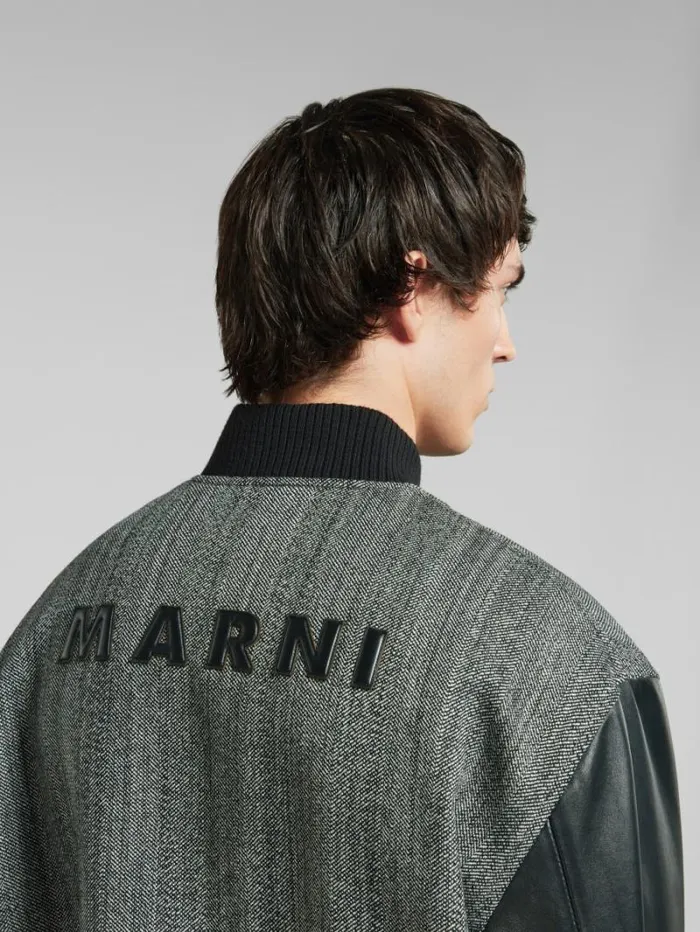 Men Marni Coats and Jackets Black Herringbone Wool Jacket With Leather Sleeves