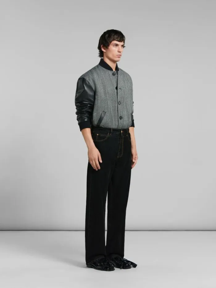 Men Marni Coats and Jackets Black Herringbone Wool Jacket With Leather Sleeves