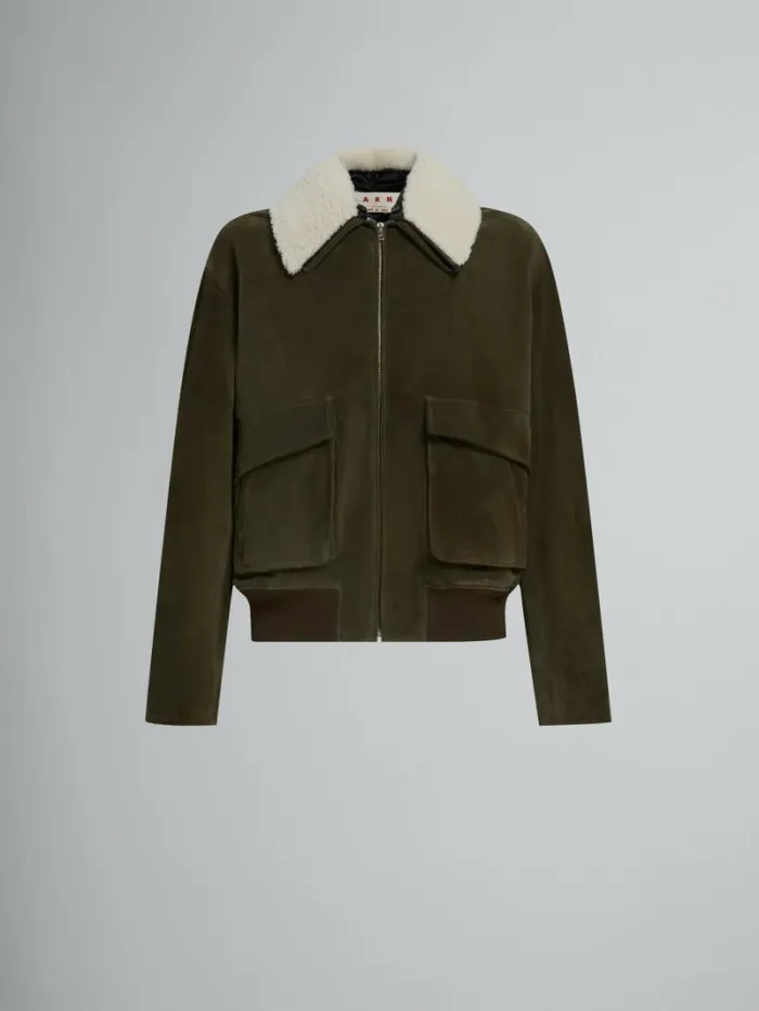 Men Marni Coats and Jackets Green Suede Jacket With Shearling Collar