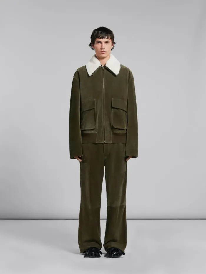 Men Marni Coats and Jackets Green Suede Jacket With Shearling Collar