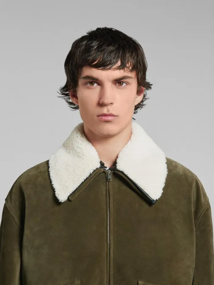 Men Marni Coats and Jackets Green Suede Jacket With Shearling Collar