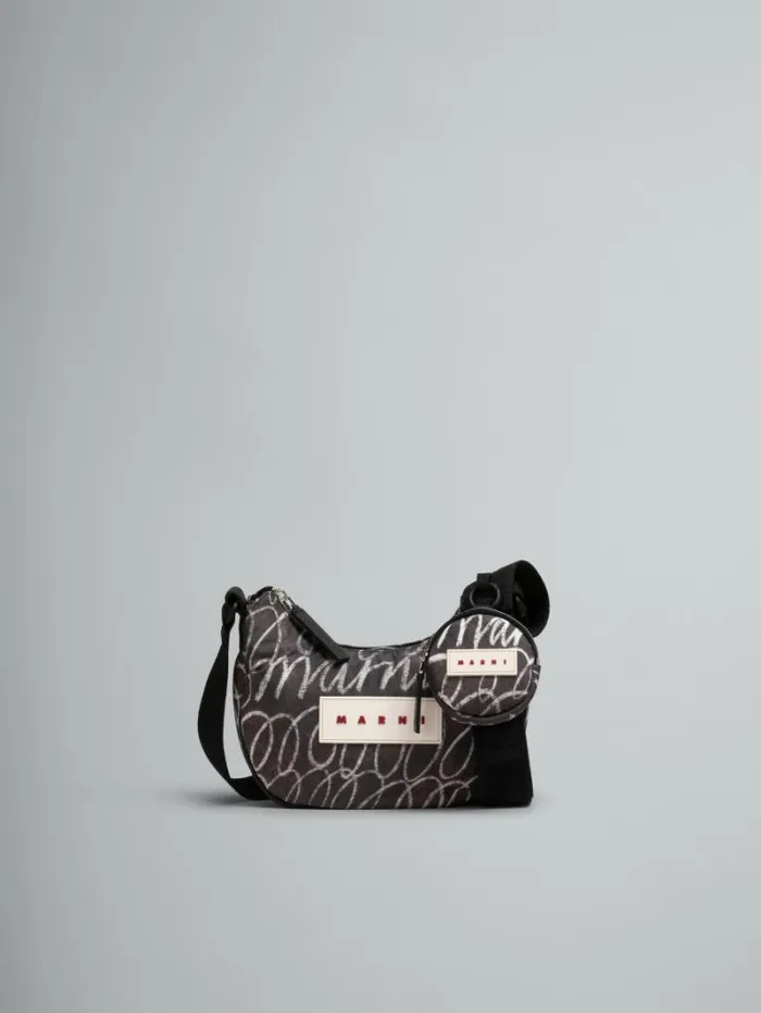 Men Marni Crossbody Bags Black Puff Hobo Bag With Marni Scribble Print
