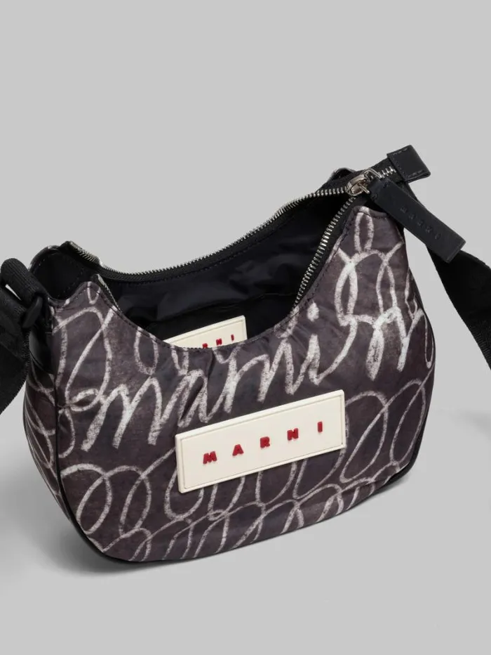 Men Marni Crossbody Bags Black Puff Hobo Bag With Marni Scribble Print