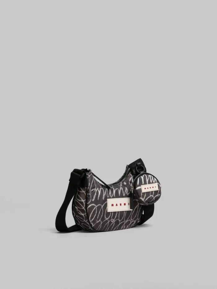 Men Marni Crossbody Bags Black Puff Hobo Bag With Marni Scribble Print