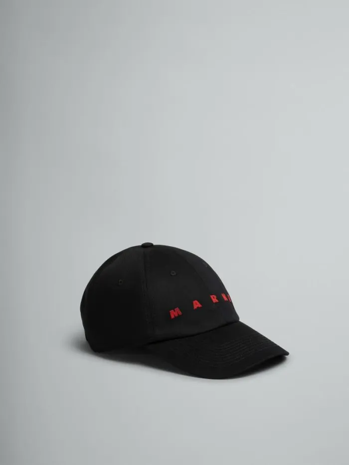 Men Marni Hats Black Organic Gabardine Baseball Cap With Embroidered Logo