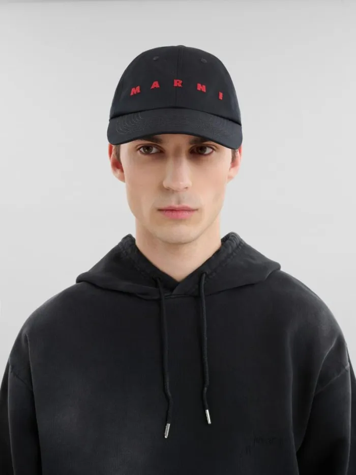 Men Marni Hats Black Organic Gabardine Baseball Cap With Embroidered Logo
