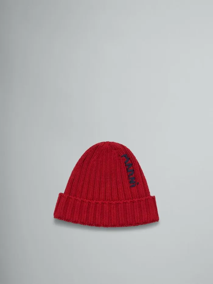 Men Marni Hats Red Cotton Beret With Embroidered Marni Logo
