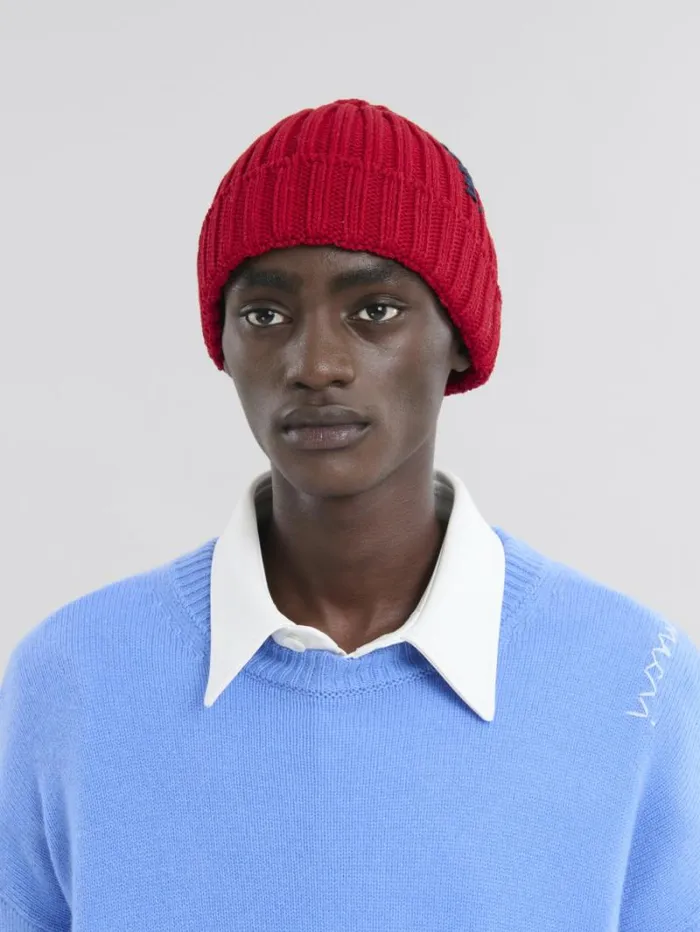 Men Marni Hats Red Cotton Beret With Embroidered Marni Logo