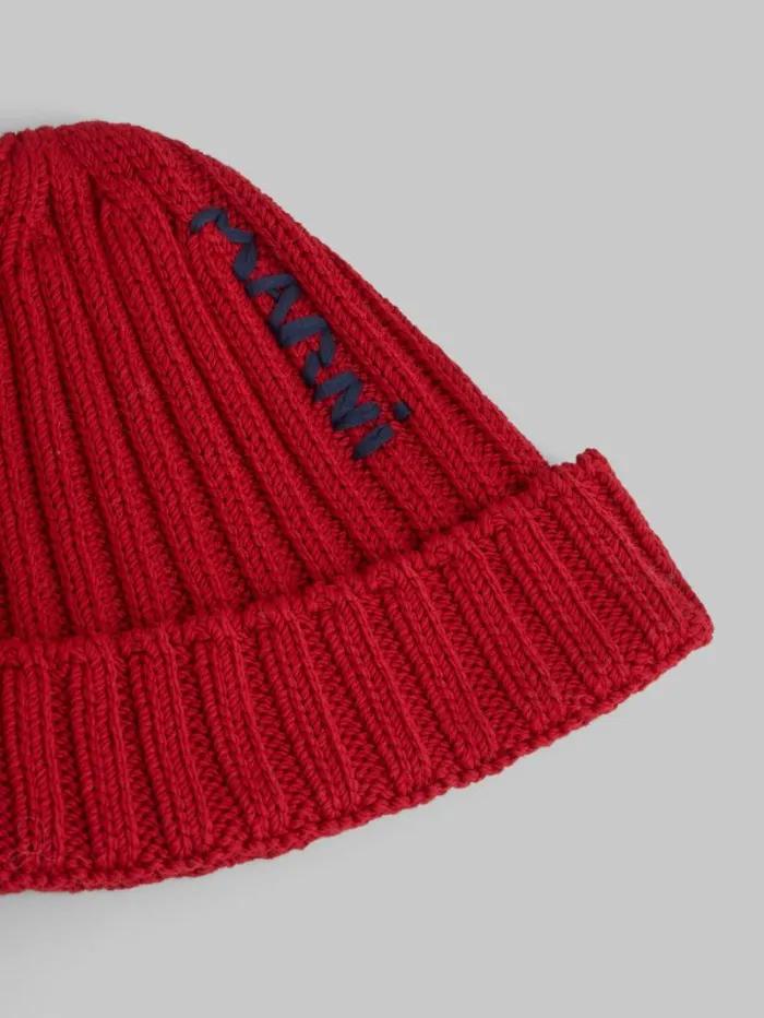 Men Marni Hats Red Cotton Beret With Embroidered Marni Logo