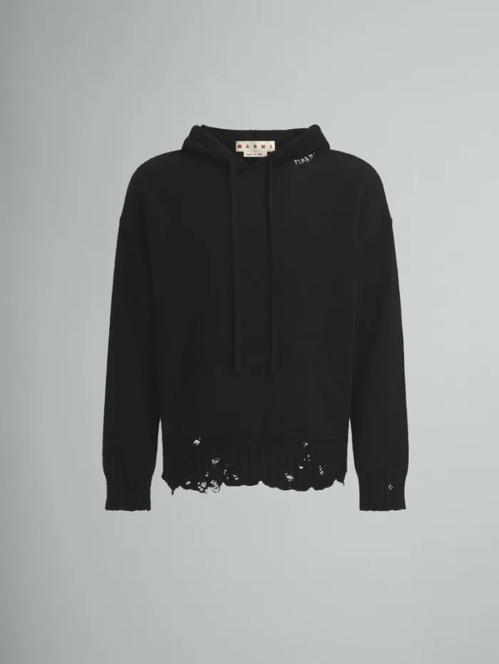 Men Marni Knitwear Black Dishevelled Cotton Hoodie With Marni Symbol Embroidery