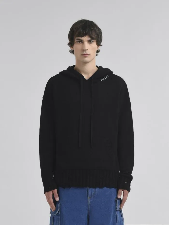Men Marni Knitwear Black Dishevelled Cotton Hoodie With Marni Symbol Embroidery