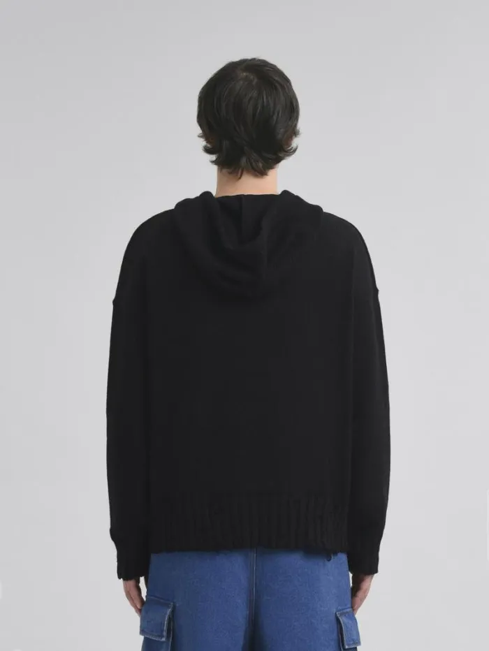 Men Marni Knitwear Black Dishevelled Cotton Hoodie With Marni Symbol Embroidery