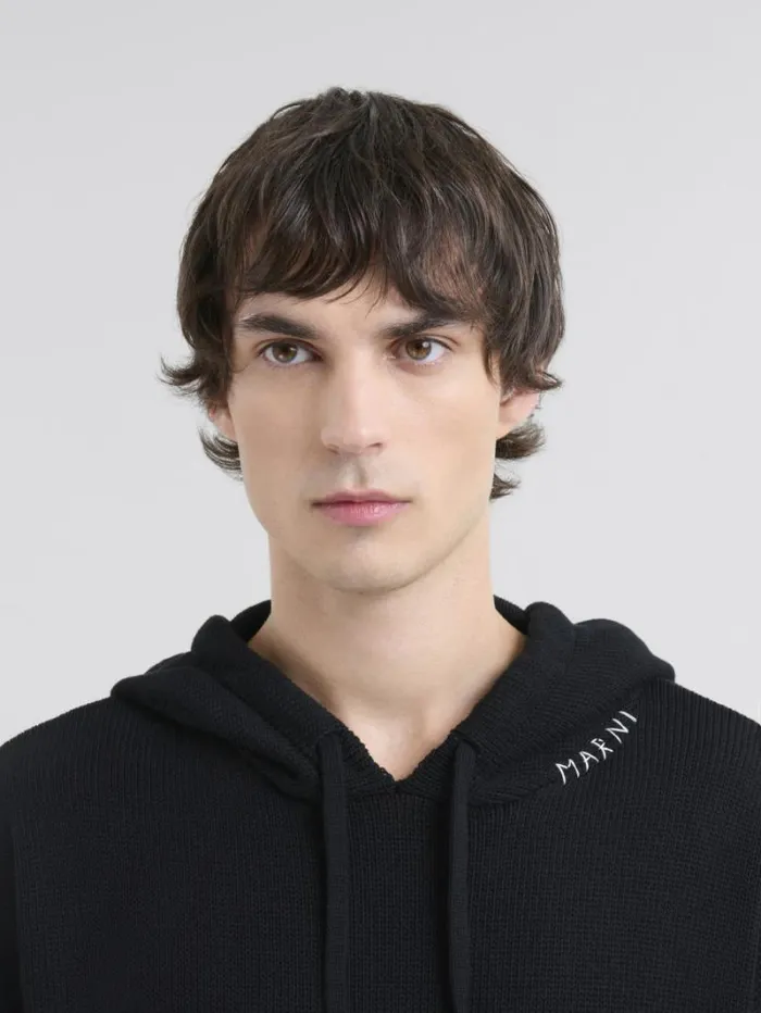 Men Marni Knitwear Black Dishevelled Cotton Hoodie With Marni Symbol Embroidery