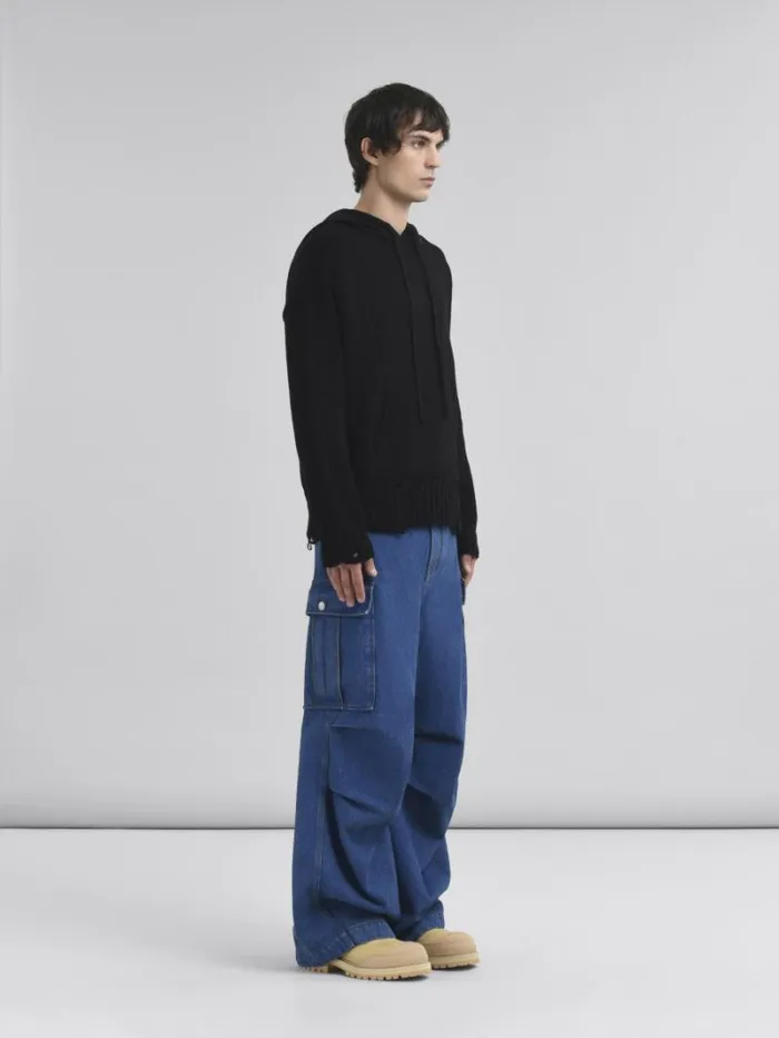 Men Marni Knitwear Black Dishevelled Cotton Hoodie With Marni Symbol Embroidery
