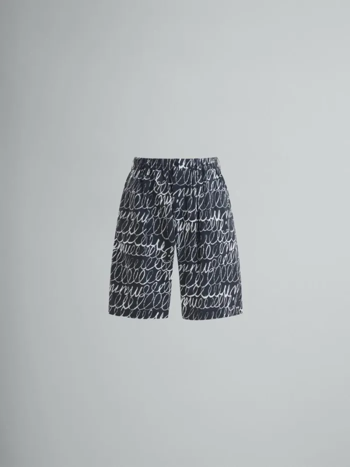 Men Marni Pants Black Poplin Drawstring Shorts With Marni Scribble Motif