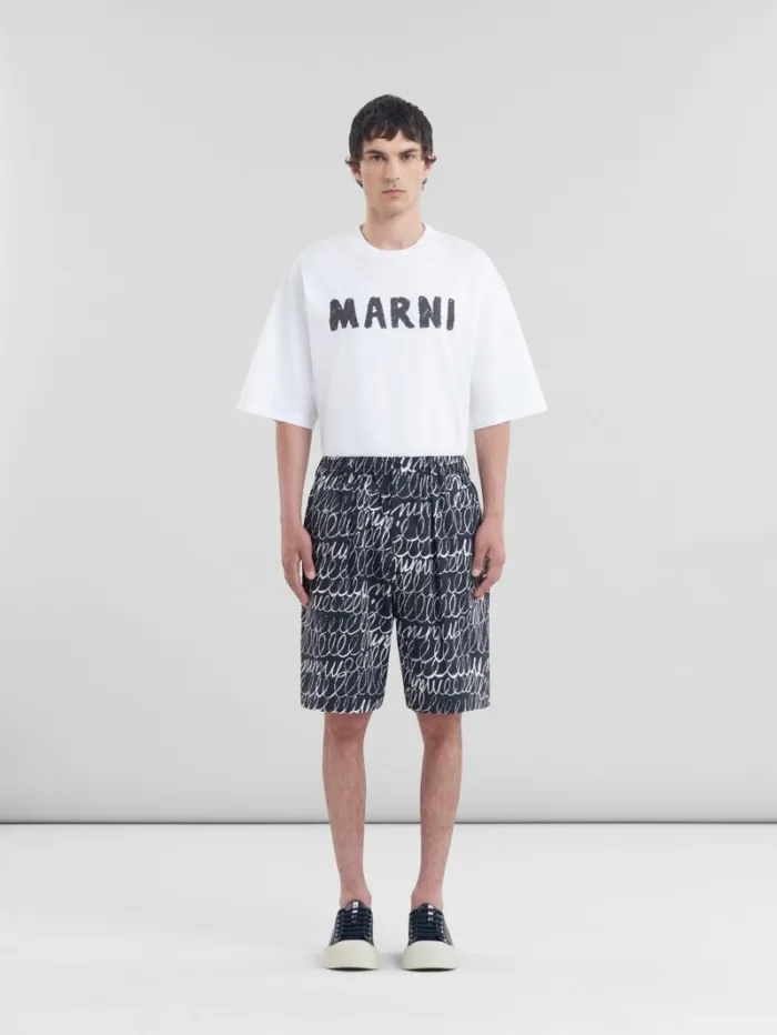 Men Marni Pants Black Poplin Drawstring Shorts With Marni Scribble Motif