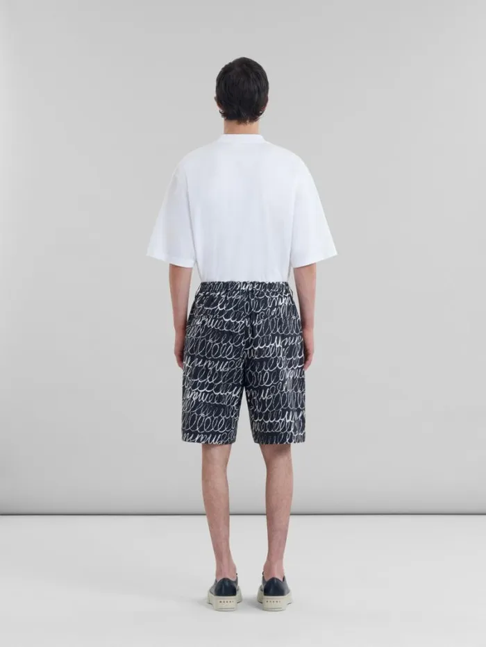 Men Marni Pants Black Poplin Drawstring Shorts With Marni Scribble Motif