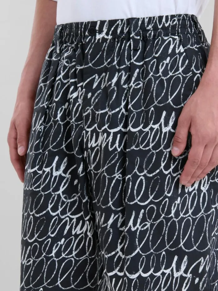 Men Marni Pants Black Poplin Drawstring Shorts With Marni Scribble Motif