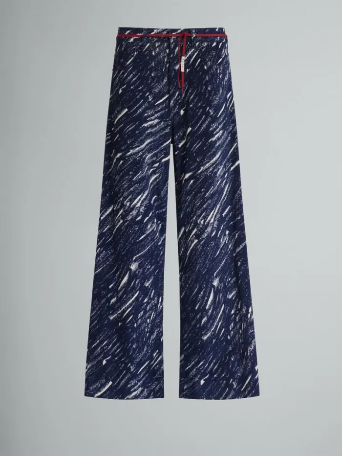 Men Marni Pants Blue Flocked Denim Flared Jeans With Crayon Print