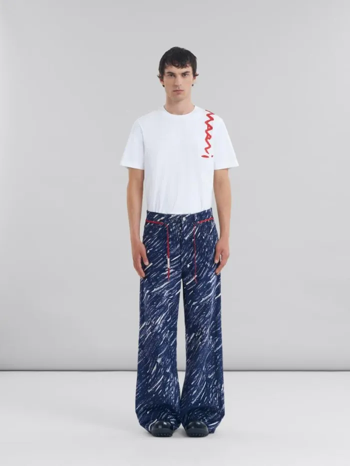 Men Marni Pants Blue Flocked Denim Flared Jeans With Crayon Print