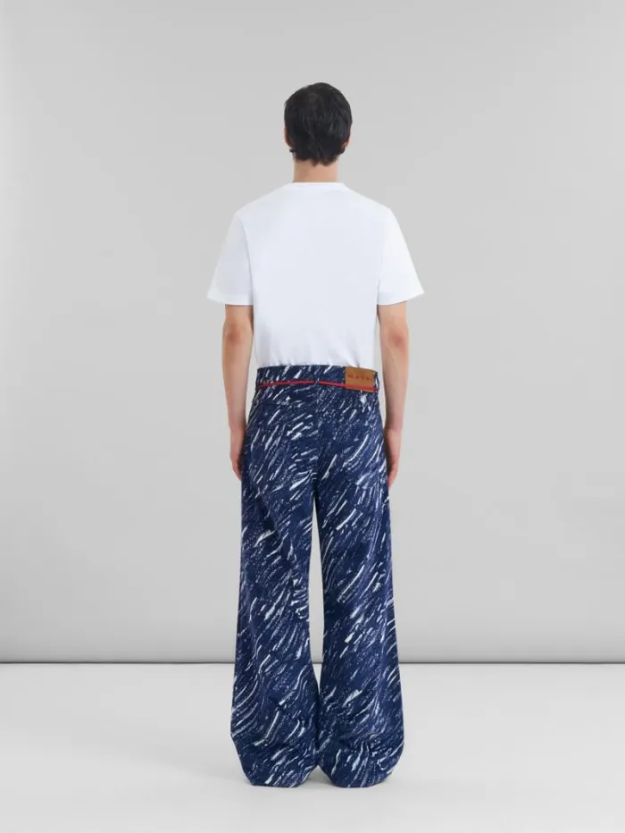 Men Marni Pants Blue Flocked Denim Flared Jeans With Crayon Print