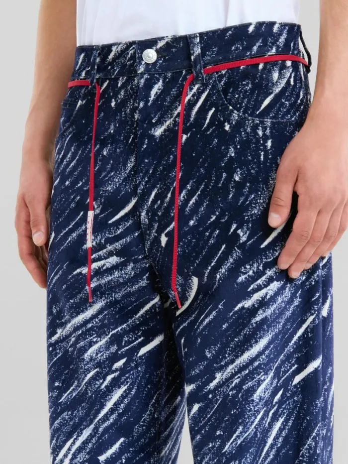 Men Marni Pants Blue Flocked Denim Flared Jeans With Crayon Print