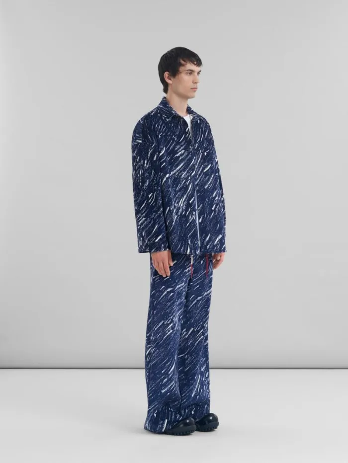 Men Marni Pants Blue Flocked Denim Flared Jeans With Crayon Print