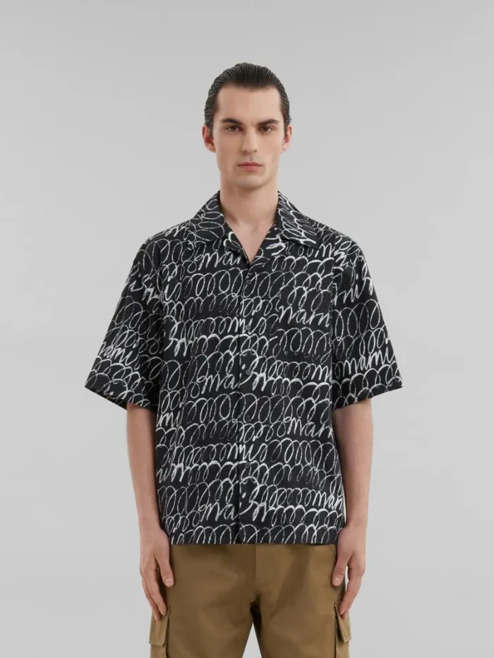 Men Marni Tops and Tshirts Black Poplin Bowling Shirt With Marni Scribble Motif