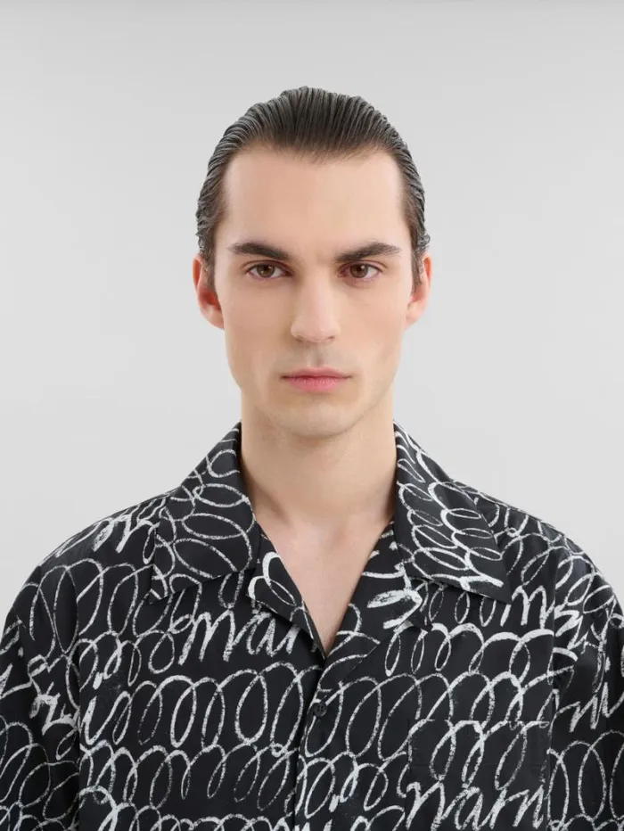 Men Marni Tops and Tshirts Black Poplin Bowling Shirt With Marni Scribble Motif