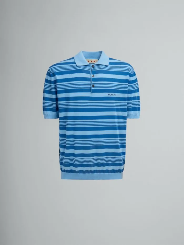 Men Marni Tops and Tshirts Blue Striped Cotton Polo Shirt With Marni Mending