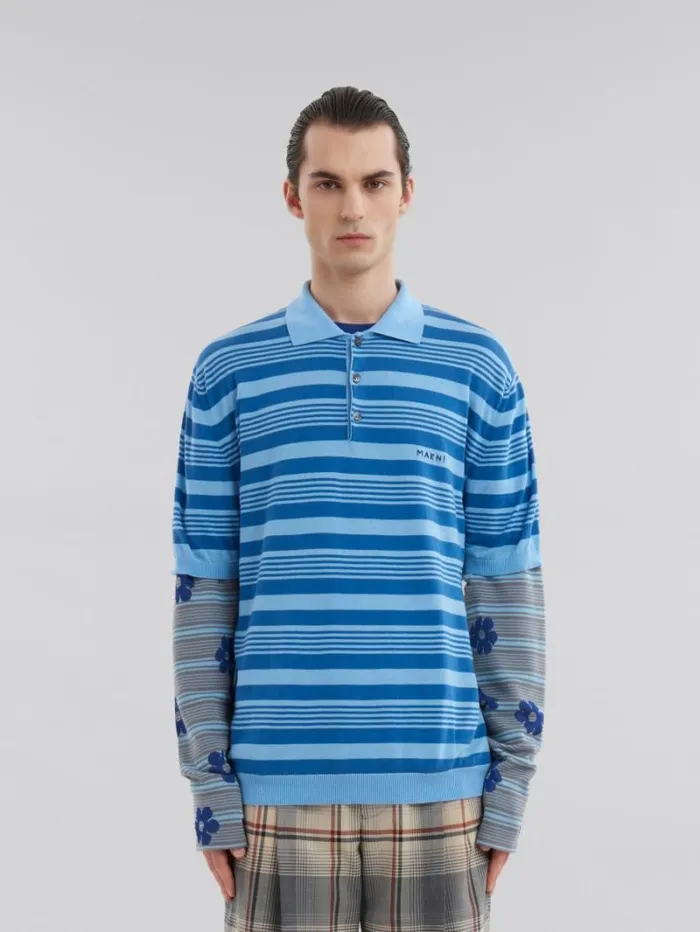 Men Marni Tops and Tshirts Blue Striped Cotton Polo Shirt With Marni Mending