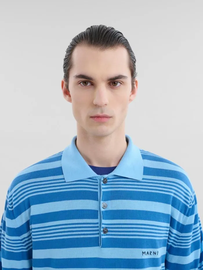 Men Marni Tops and Tshirts Blue Striped Cotton Polo Shirt With Marni Mending