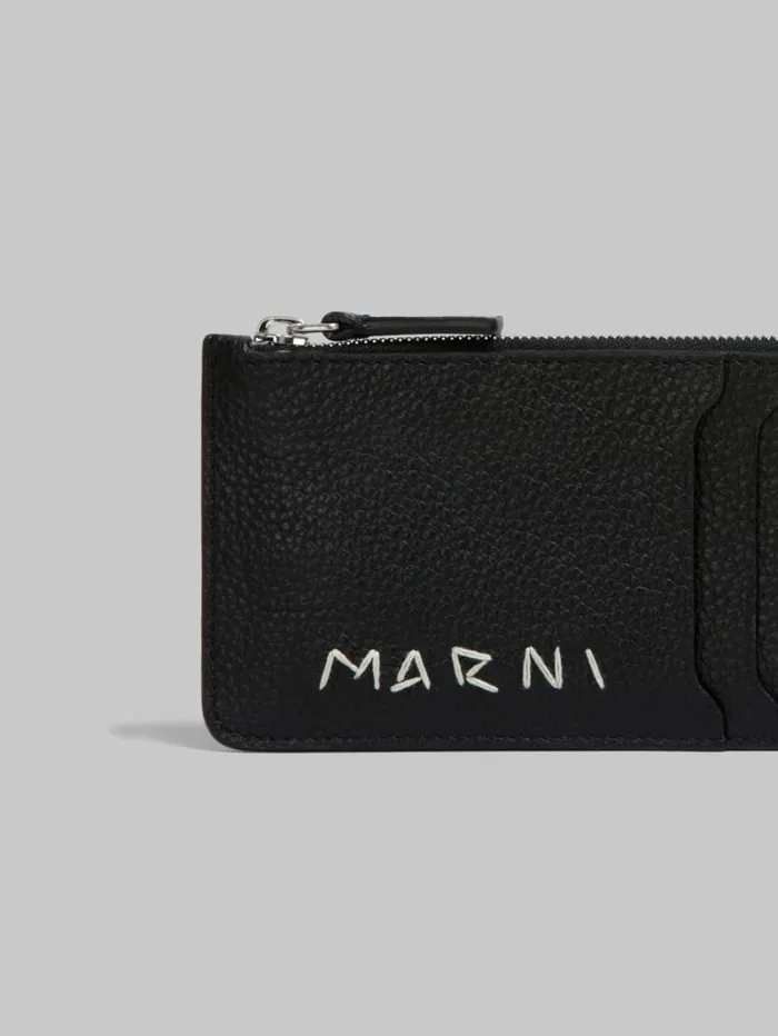 Men Marni Wallets and Small Leather Goods Black Leather Card Case With Marni Mending Embroidery
