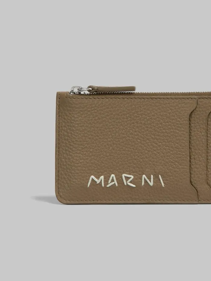 Men Marni Wallets and Small Leather Goods Brown Leather Card Case With Marni Mending Embroidery