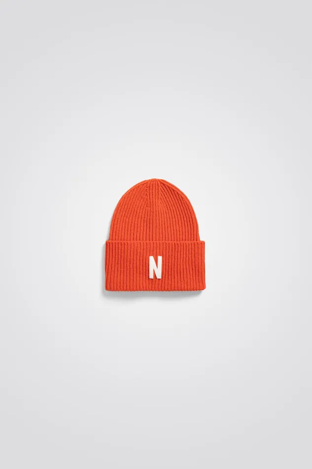 Men Merino Lambswool Rib N Logo Beanie Truffle Norse Projects Beanies