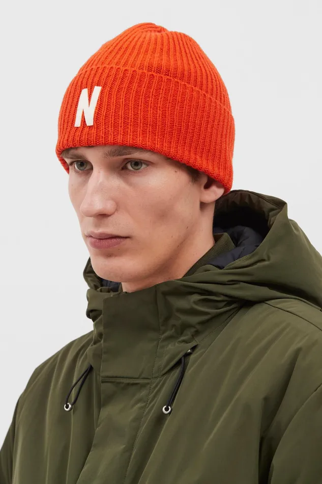 Men Merino Lambswool Rib N Logo Beanie Truffle Norse Projects Beanies