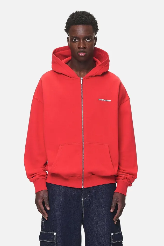 Men Pegador Zip Hoodies Colne Logo Oversized Sweat Jacket Washed Red Men Pegador Zip Hoodies Colne Logo Oversized Sweat Jacket Washed Red