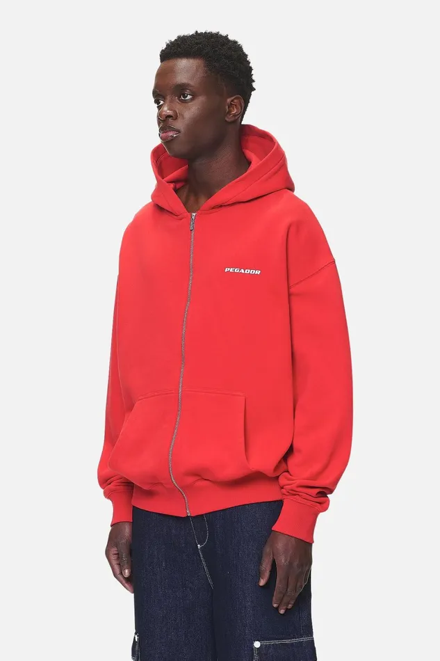 Men Pegador Zip Hoodies Colne Logo Oversized Sweat Jacket Washed Red Men Pegador Zip Hoodies Colne Logo Oversized Sweat Jacket Washed Red