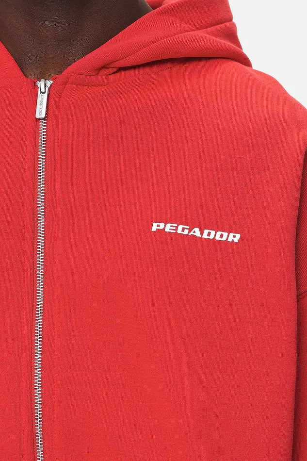 Men Pegador Zip Hoodies Colne Logo Oversized Sweat Jacket Washed Red Men Pegador Zip Hoodies Colne Logo Oversized Sweat Jacket Washed Red