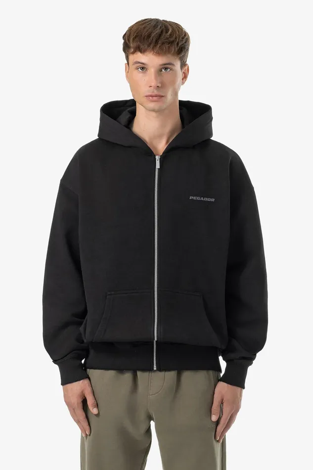 Men Pegador Zip Hoodies Logo Oversized Sweat Jacket Washed Black Dark Grey Gum