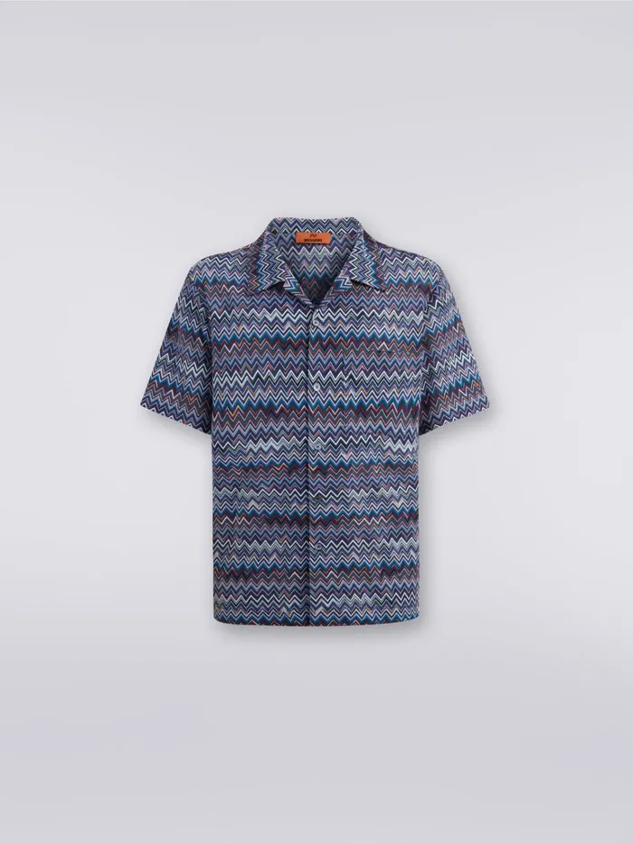 Men ShortSleeved Bowling Shirt In Zigzag Cotton And Viscose Navy Blue Missoni Shirts