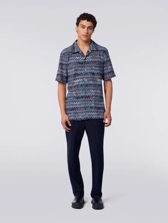 Men ShortSleeved Bowling Shirt In Zigzag Cotton And Viscose Navy Blue Missoni Shirts Men ShortSleeved Bowling Shirt In Zigzag Cotton And Viscose Navy Blue Missoni Shirts