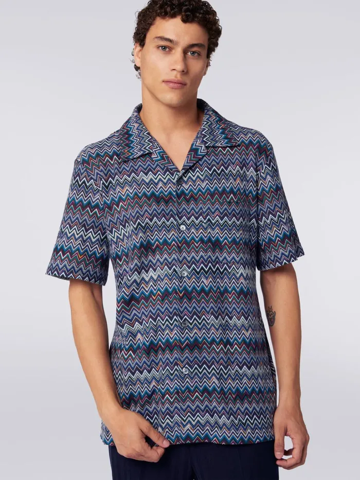 Men ShortSleeved Bowling Shirt In Zigzag Cotton And Viscose Navy Blue Missoni Shirts Men ShortSleeved Bowling Shirt In Zigzag Cotton And Viscose Navy Blue Missoni Shirts