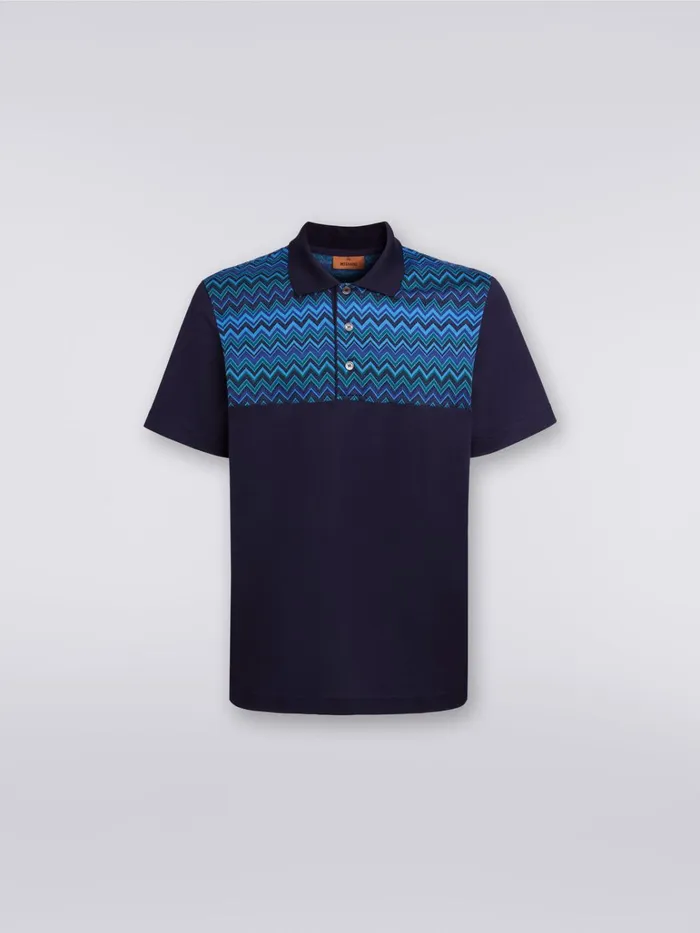 Men ShortSleeved Cotton Jersey Polo Shirt With Zigzag Inserts Blue Missoni Polos and Tshirts Men ShortSleeved Cotton Jersey Polo Shirt With Zigzag Inserts Blue Missoni Polos and Tshirts