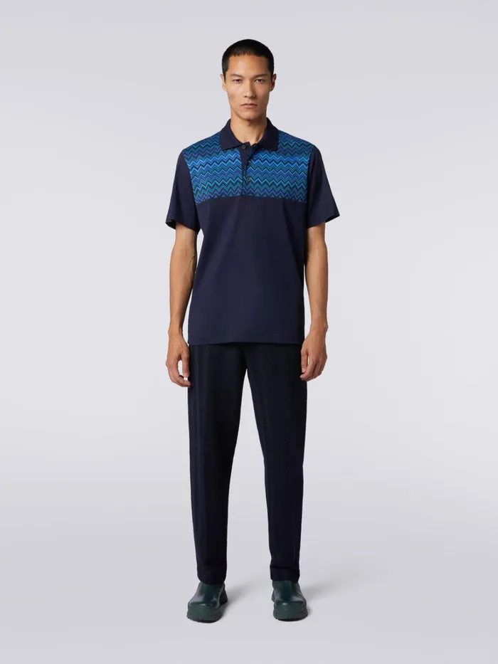 Men ShortSleeved Cotton Jersey Polo Shirt With Zigzag Inserts Blue Missoni Polos and Tshirts Men ShortSleeved Cotton Jersey Polo Shirt With Zigzag Inserts Blue Missoni Polos and Tshirts