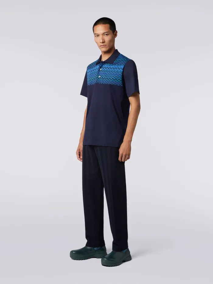 Men ShortSleeved Cotton Jersey Polo Shirt With Zigzag Inserts Blue Missoni Polos and Tshirts Men ShortSleeved Cotton Jersey Polo Shirt With Zigzag Inserts Blue Missoni Polos and Tshirts