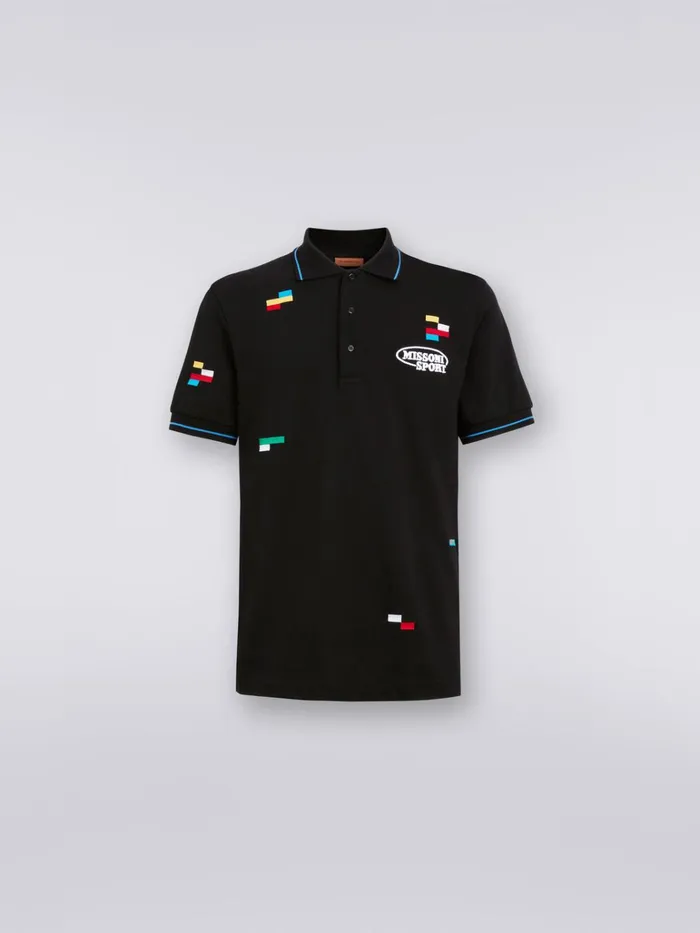 Men ShortSleeved Polo Shirt In Cotton Piqu With Embroidered Pixels Black and Multicoloured Missoni Sport