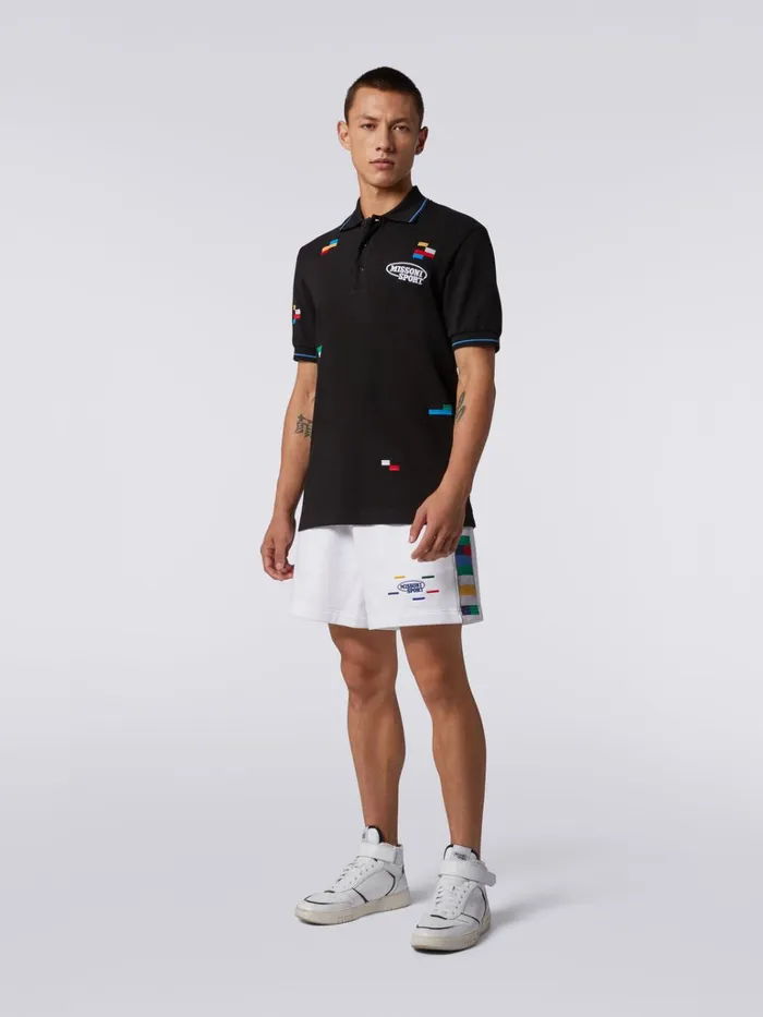 Men ShortSleeved Polo Shirt In Cotton Piqu With Embroidered Pixels Black and Multicoloured Missoni Sport