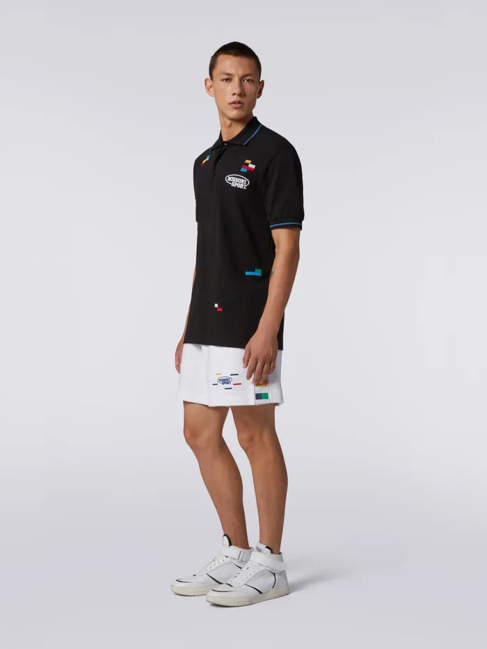 Men ShortSleeved Polo Shirt In Cotton Piqu With Embroidered Pixels Black and Multicoloured Missoni Sport